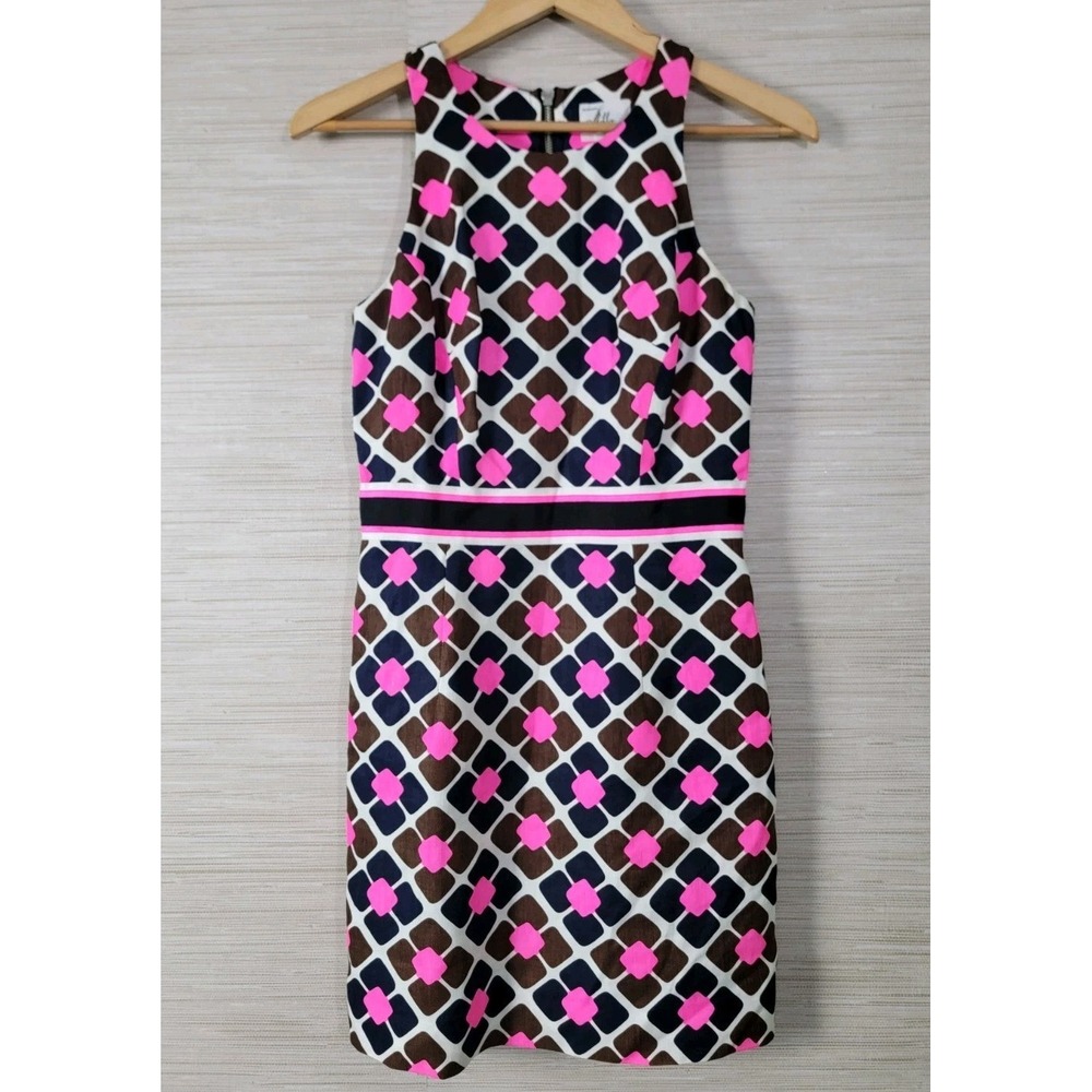 Milly Women's Sheath Dress Size 4 Pink Blue Geometric Linen‎ Silk Sleeveless USA